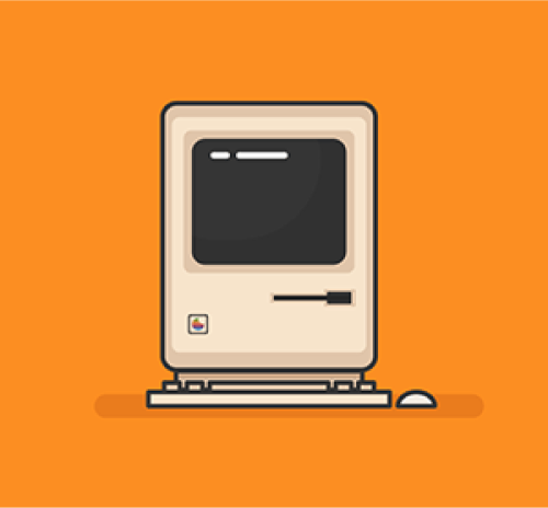 A macintosh on a yellow background.